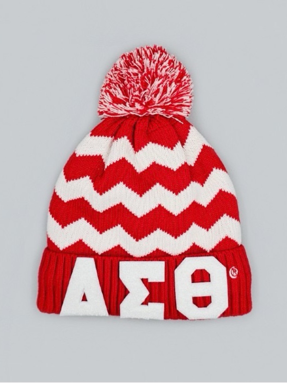Delta Sigma Theta Red Chevron Pom Pom Beanie with White Greek Letters
